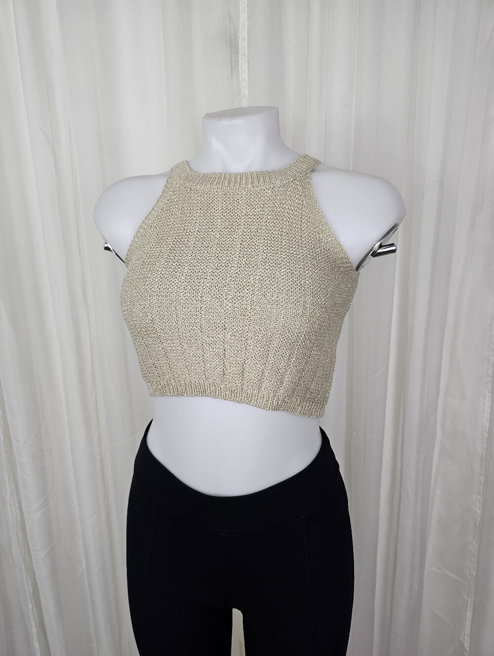 Hunter & Brown BeigeMetallic Knit Halter Crop Top NEW Small